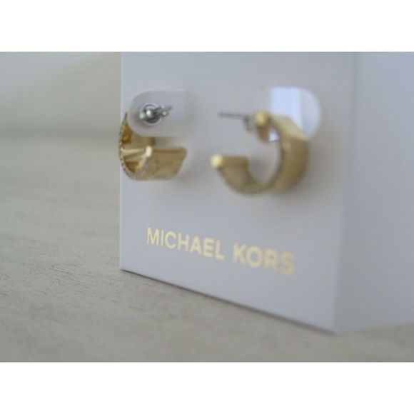 Michael Kors MKJX7845710 MK Monogram Yellow Gold Hoop Stud Earrings Crystals - Picture 7 of 10